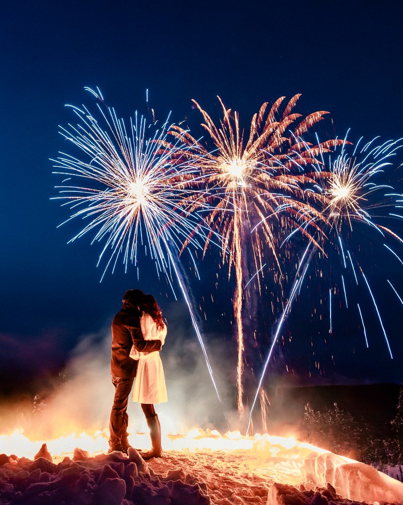 Saket and Karishma’s proposal in Lapland — fireworks over snow